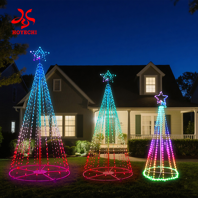 RGB pixel lighted Christmas tree decorating city street for holidays