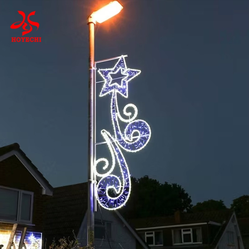 Symmetrical blue wing and star motifs for commercial street lighting.