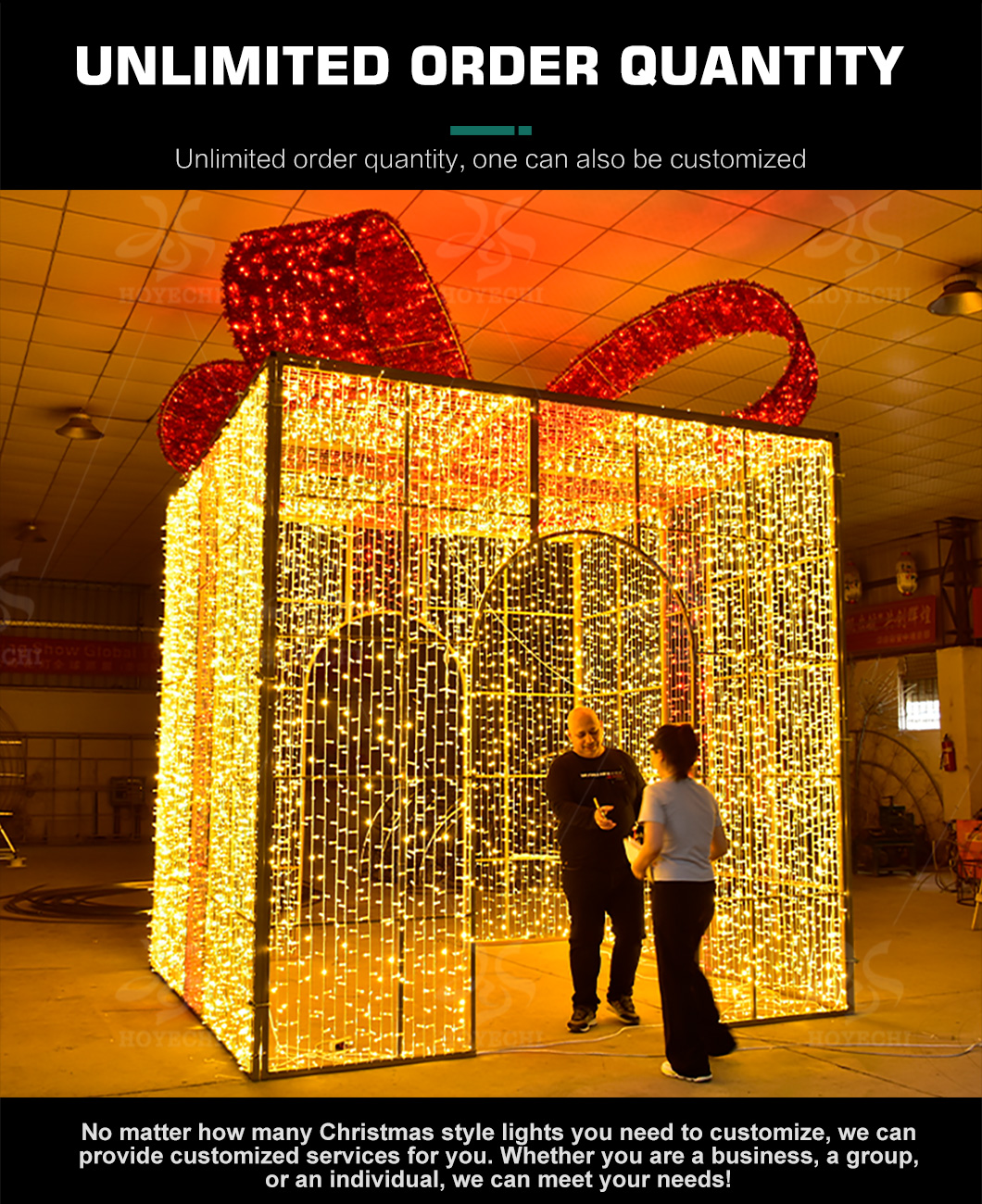 Walk-through giant lighted gift box for commercial Christmas decorations and holiday photo displays