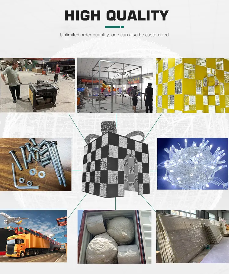 Outdoor shopping street decorated with gold arch gift box motif lights