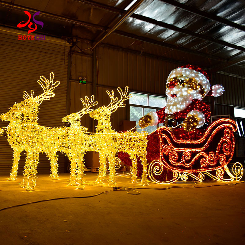 3D Santa Claus reindeer with sleigh motif lights for outdoor Christmas decoration