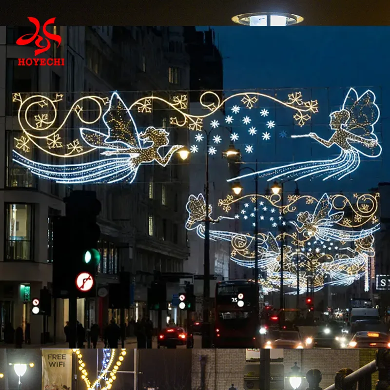 City street illuminated with pole mounted festive motif lights