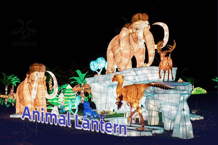 Large decorative animal lantern glowing in festival garden