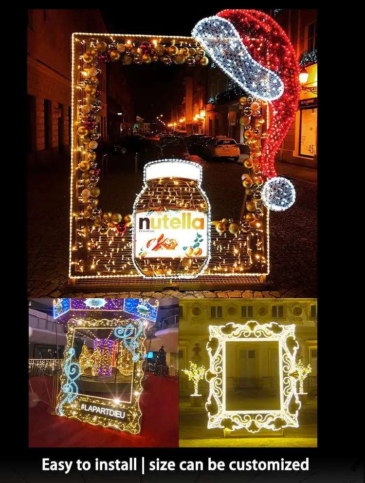 Outdoor public space decorated with photo frame LED motif lights