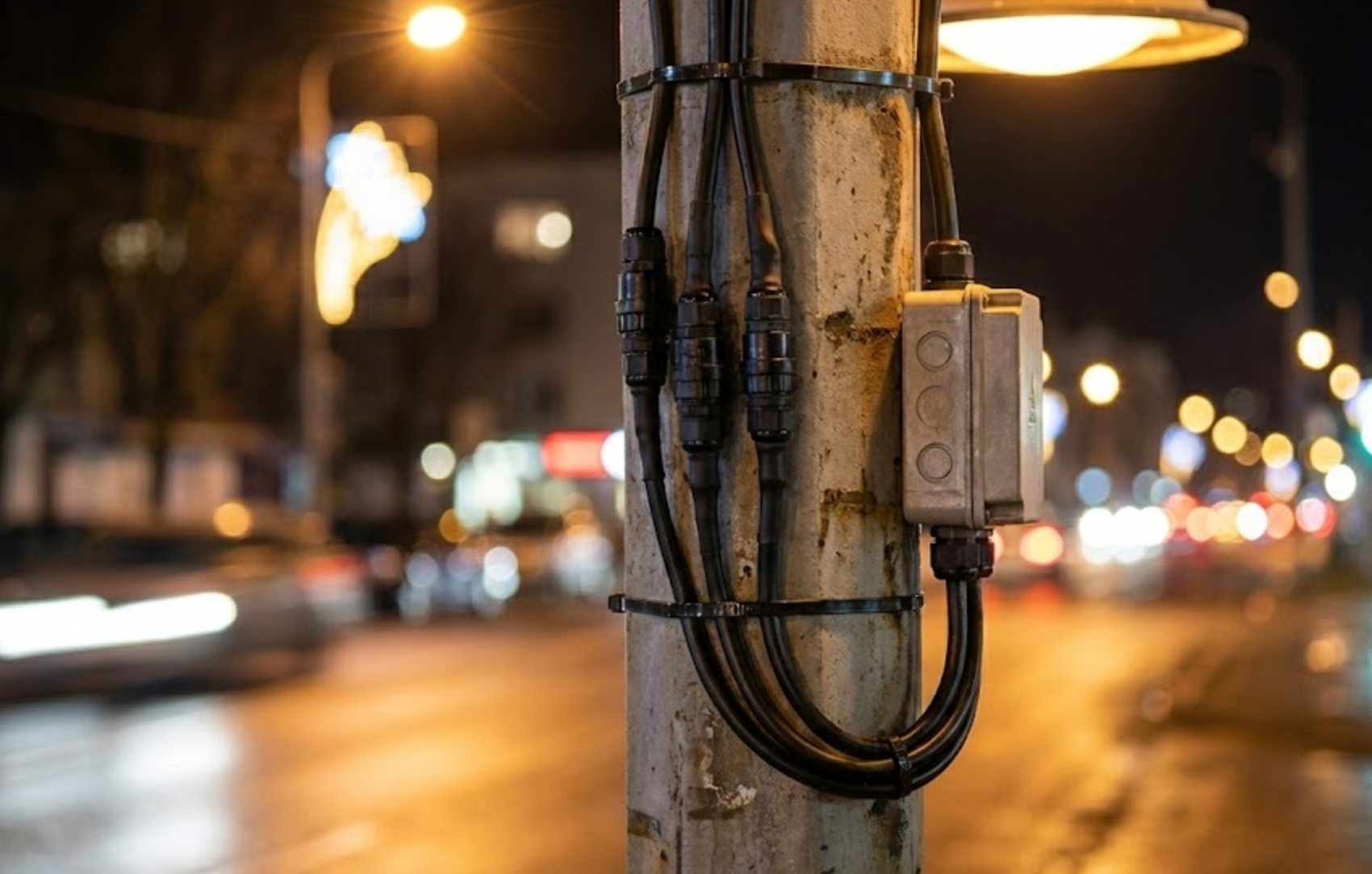 Neat cable routing behind the pole with outdoor waterproof connectors for street motif lights