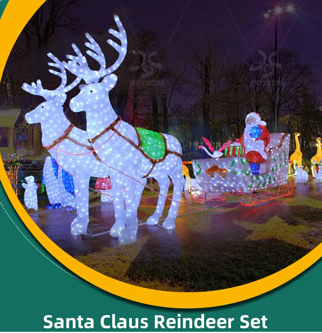 Outdoor street Christmas decoration using Santa reindeer sleigh lights