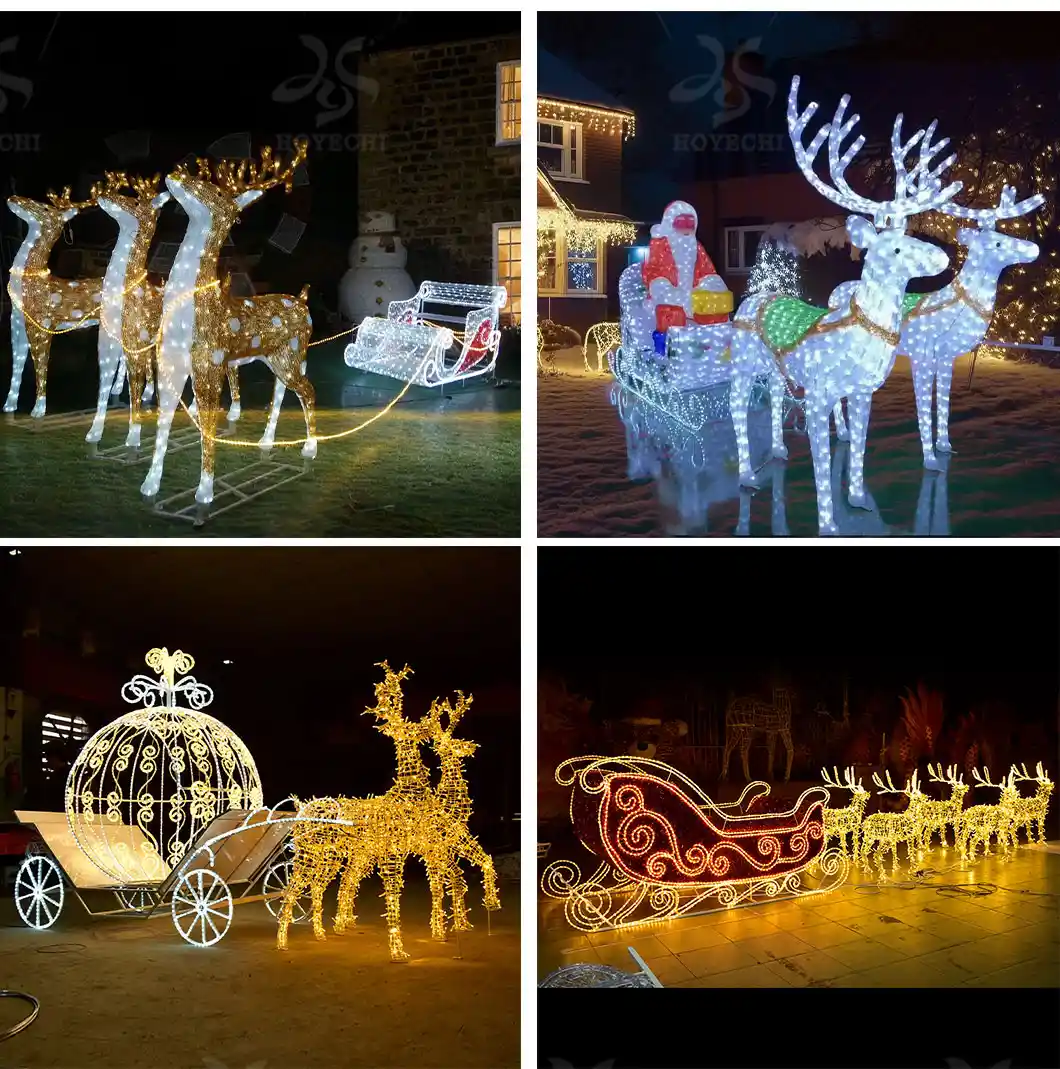 Outdoor Christmas lighting project using Santa reindeer sleigh lights