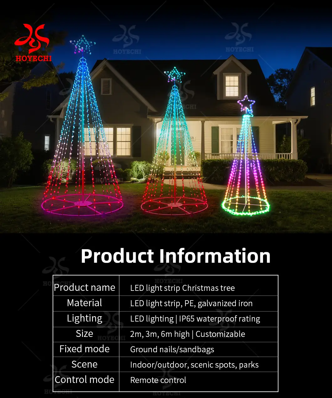 Outdoor RGB pixel LED Christmas tree for large holiday installations