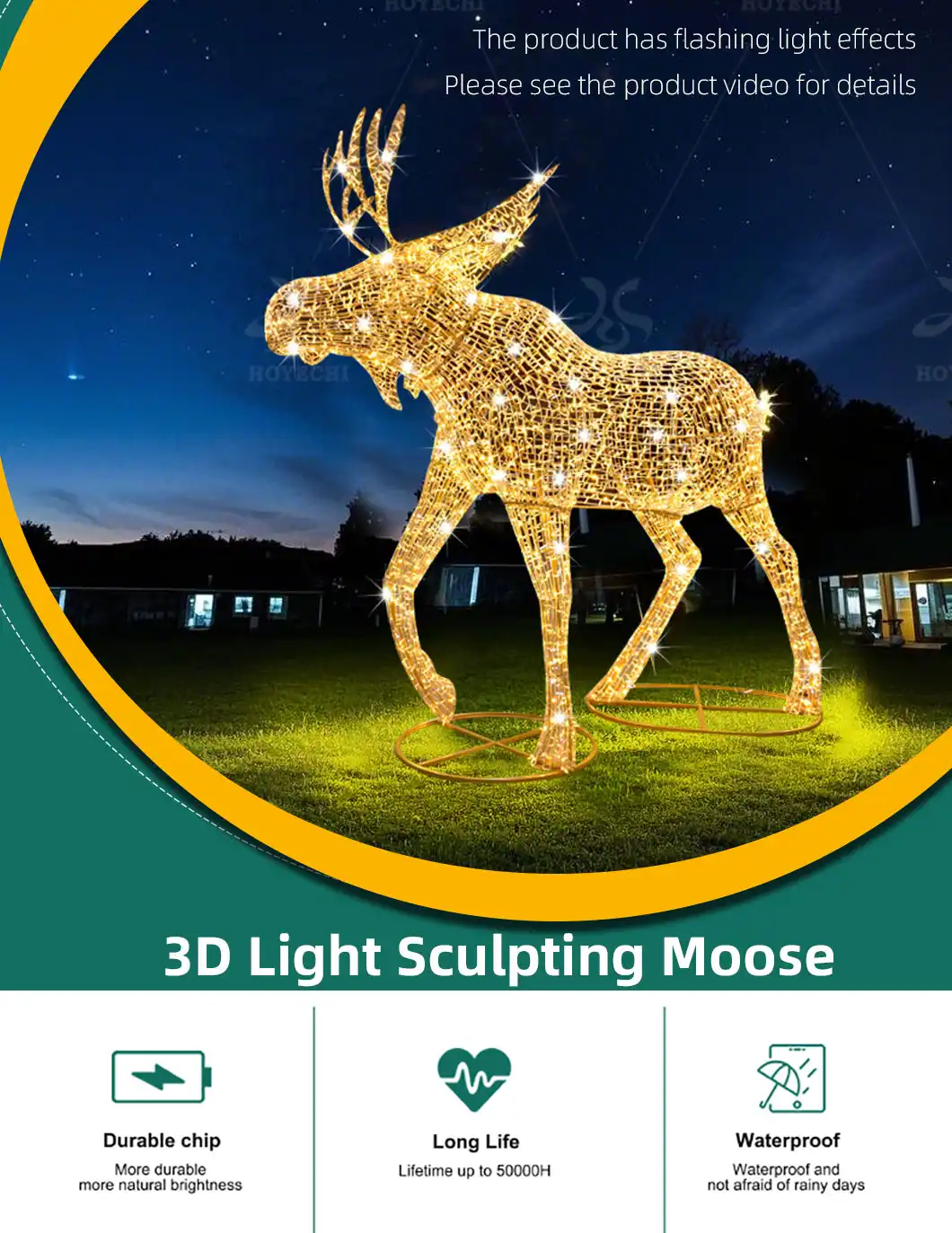 Outdoor LED moose motif lights for long-term Christmas use