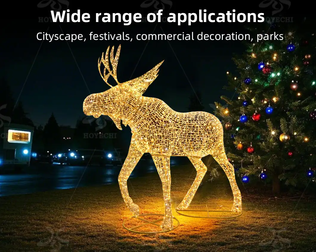 Outdoor public space decorated with moose motif lights