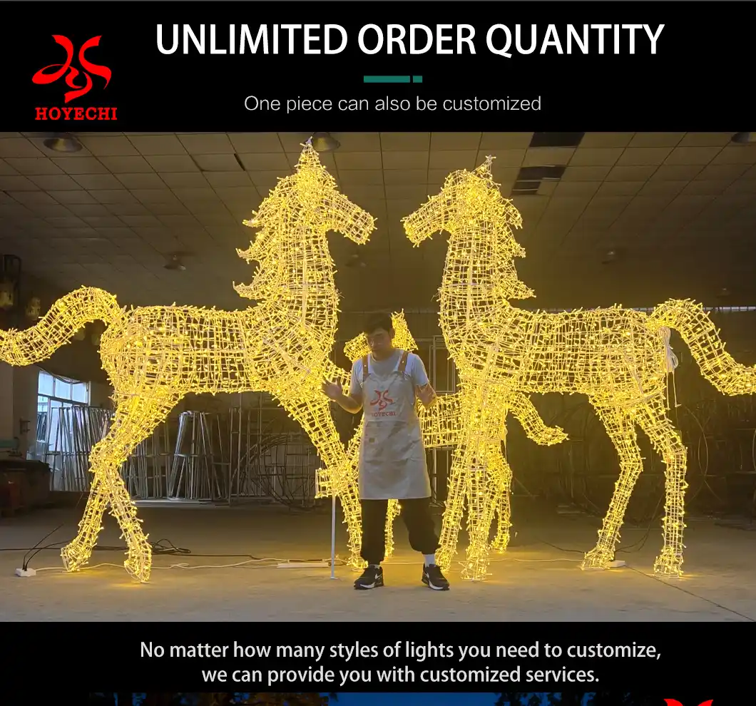 Outdoor public space decorated with horse motif lights