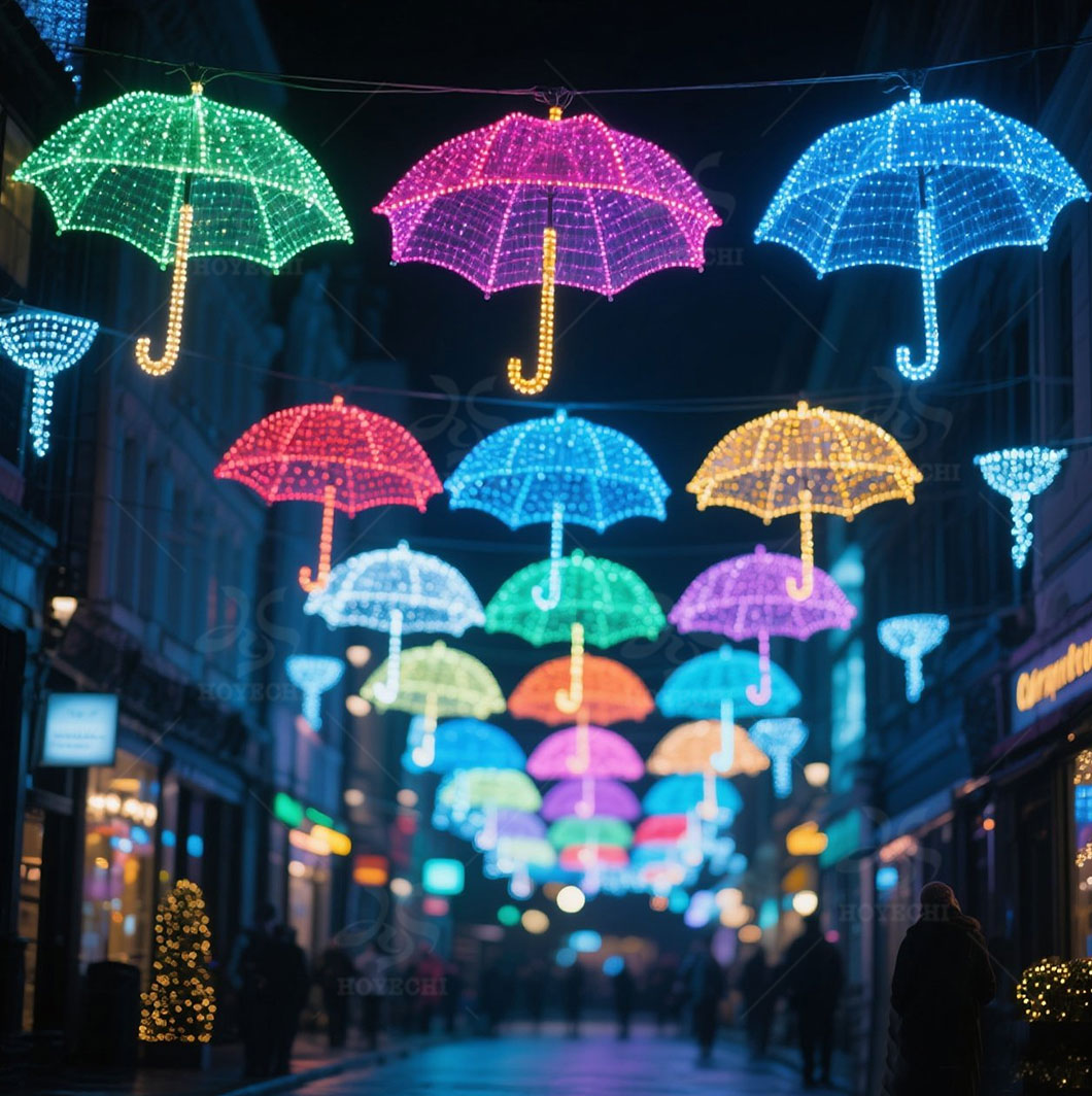 Outdoor LED umbrella motif lights in park street festival setup