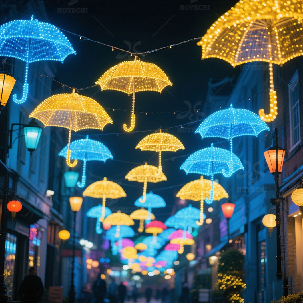Street festival with hanging umbrella-shaped LED decorations