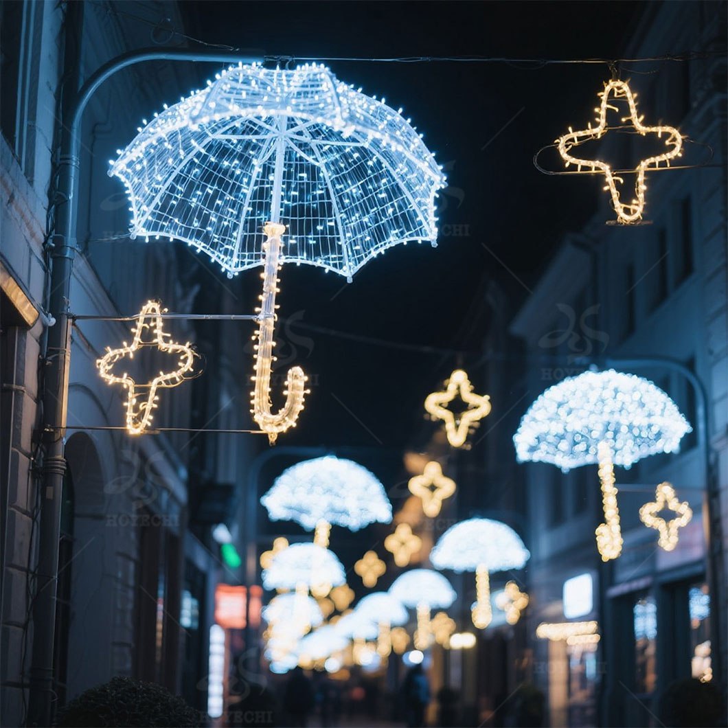 LED umbrella motif lights hanging over pedestrian street during festival