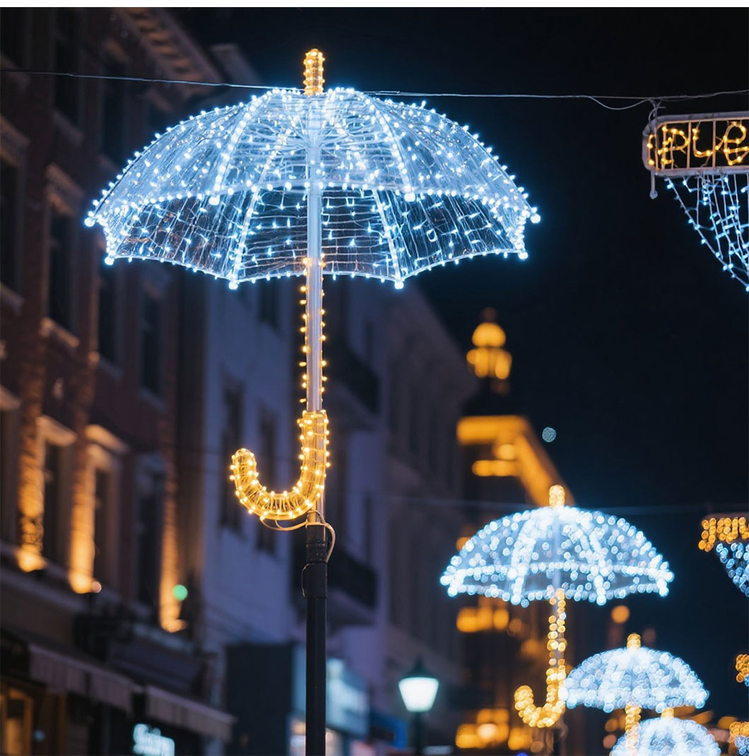 Umbrella-shaped decorative lights illuminating pedestrian streets