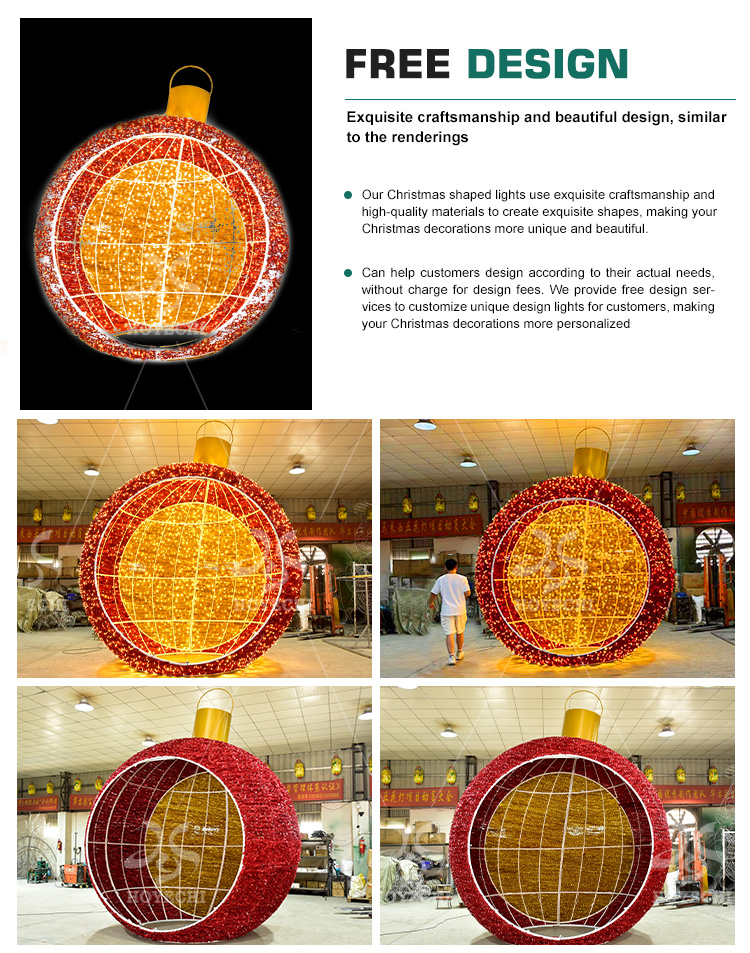 Collage of walk through giant Christmas ornament ball decoration with product details and multiple display angles