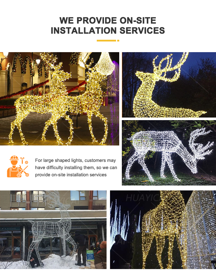 Commercial LED Christmas reindeer light sculpture collage with installation service and outdoor display examples