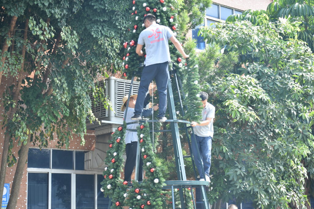 Workers assembling a large commercial Christmas tree during outdoor installation