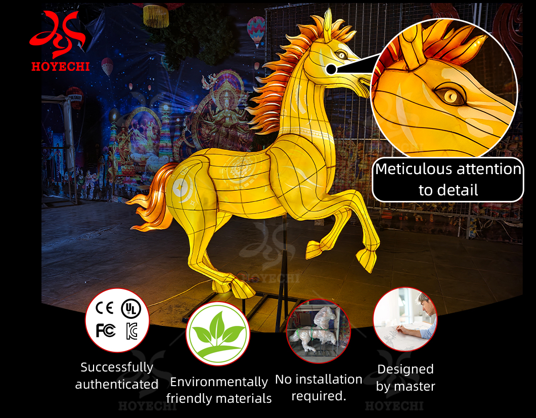 Large illuminated horse lantern sculpture with warm LED lighting used for outdoor park decoration, festival light shows, and commercial landscape displays