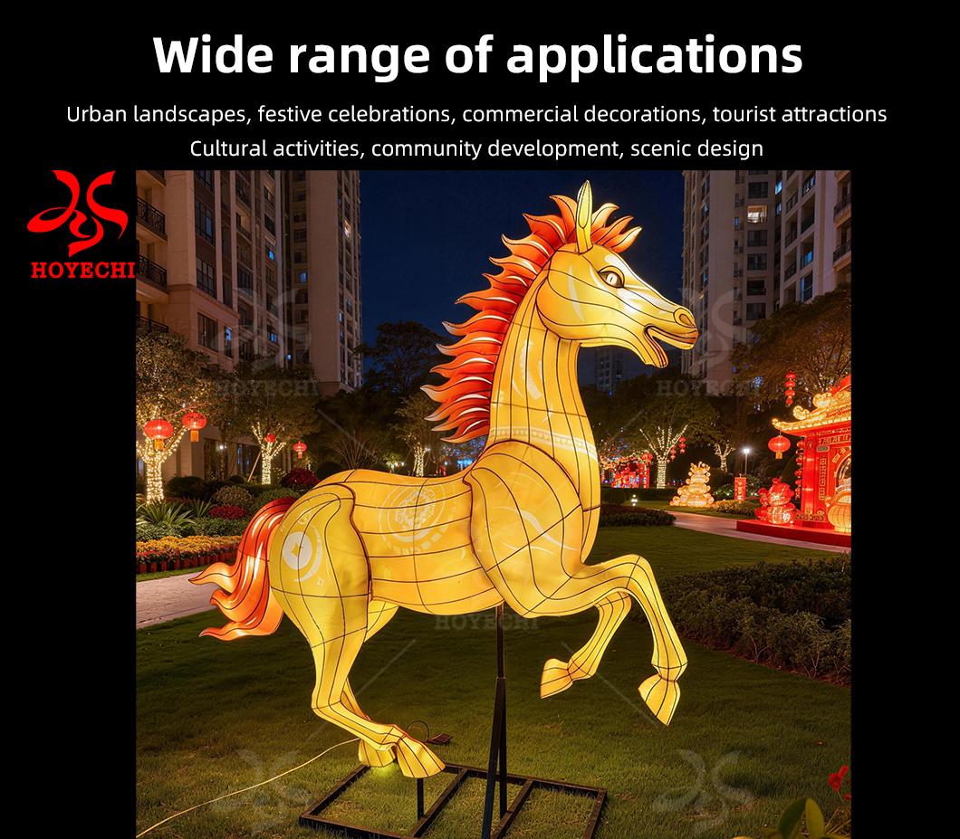 Large illuminated horse lantern sculpture with warm LED lighting used for outdoor park decoration, festival light shows, and commercial landscape displays