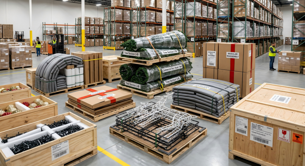Grandes décorations de vacances commerciales emballées en sections modulaires à l'intérieur d'un entrepôt pour réduire les coûts d'expédition et de stockage