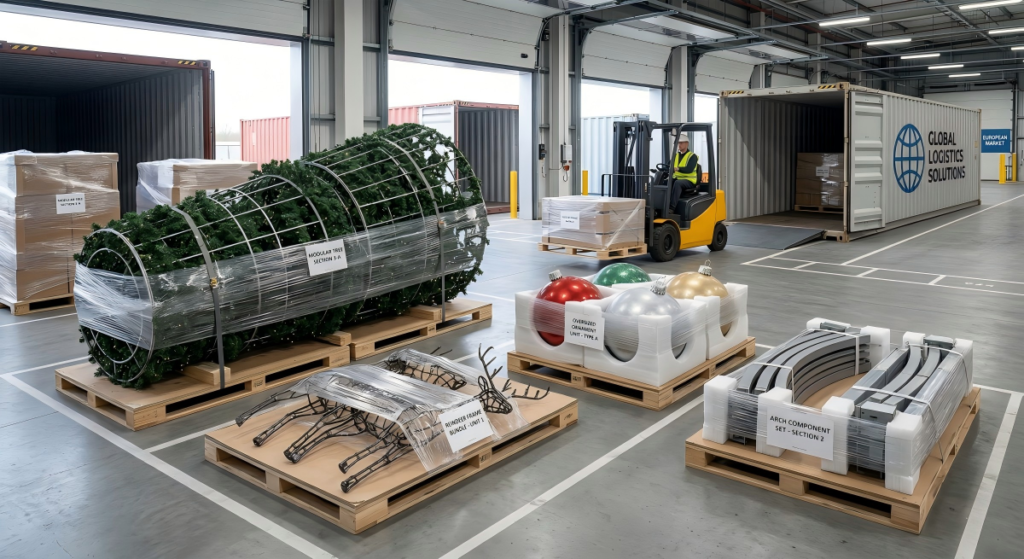 زينة العطلات الكبيرة المعيارية مرتبة في أقسام لتحميل الحاويات بكفاءة وخفض تكاليف الشحن