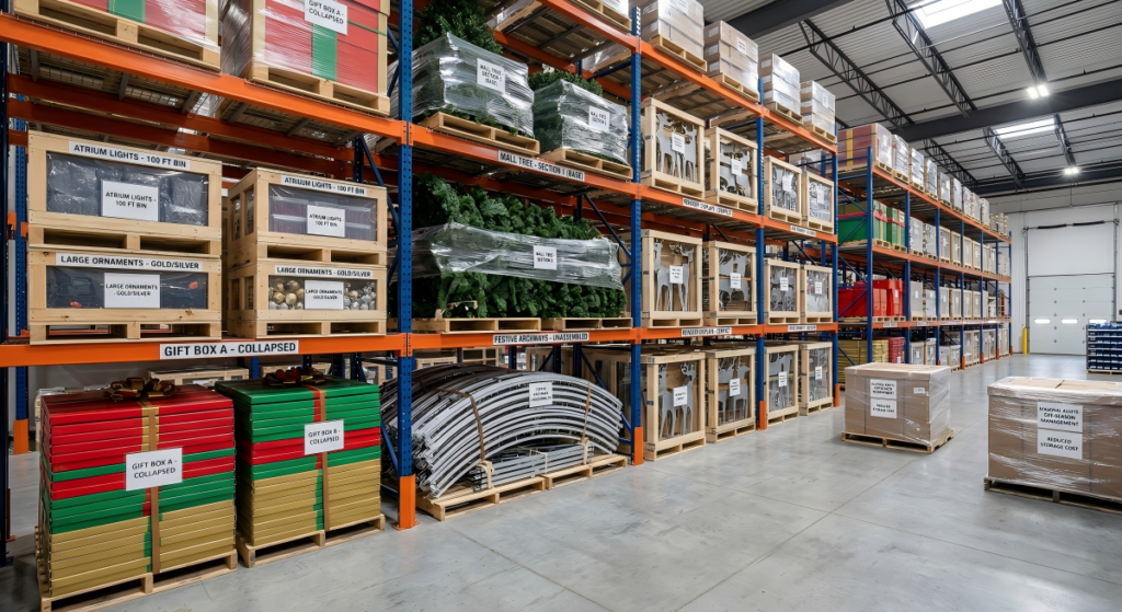زينة الأعياد الكبيرة القابلة للطي والمخزنة بعناية في مستودع لتوفير مساحة تخزين خارج الموسم