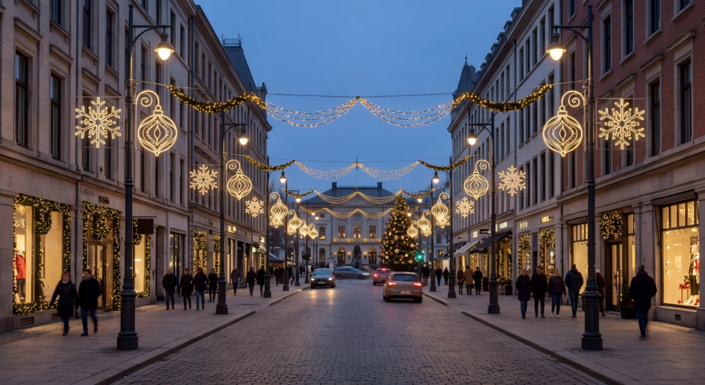 شارع احتفالي في المدينة مزين بأضواء مزخرفة مثبتة على أعمدة وإضاءة منسقة لعيد الميلاد في مشروع عطلة حضرية