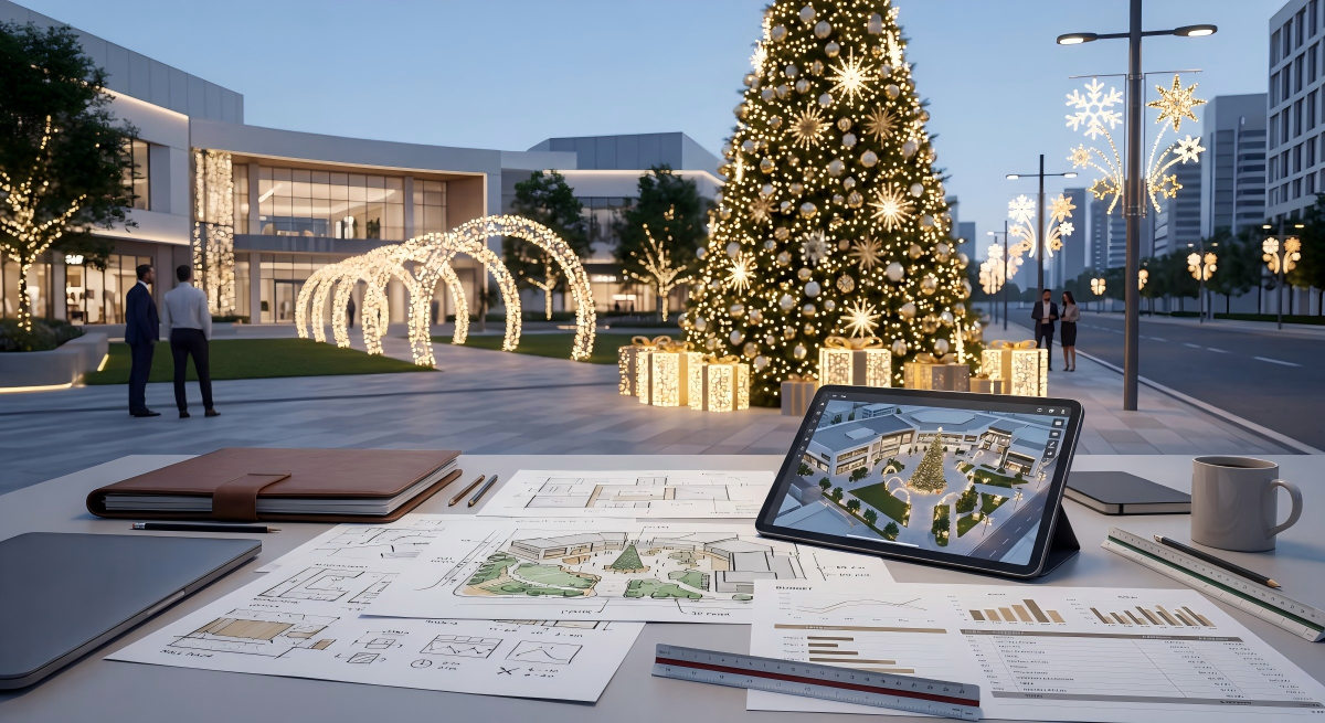 Escena de planificación de proyecto de decoración navideña comercial con un gran árbol navideño, arcos iluminados, luces con motivos callejeros y documentos presupuestarios para un proyecto de centro comercial, parque o ciudad.