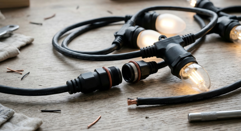 Close-up of commercial Christmas light wiring, sealed connectors, and durable outdoor LED bulbs