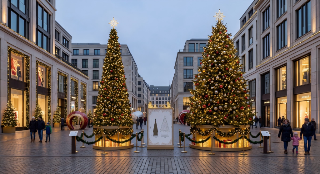 مقارنة بين شجرتين تجاريتين لعيد الميلاد طولهما 10 أمتار بأقطار قاعدية مختلفة تُظهر الاختلافات في الامتلاء والتغطية السطحية والكتلة البصرية الكلية