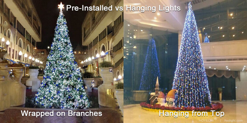 مقارنة بين الأضواء المغلفة المثبتة مسبقاً والأضواء المعلقة من الأعلى على شجرة عيد الميلاد التجارية الكبيرة