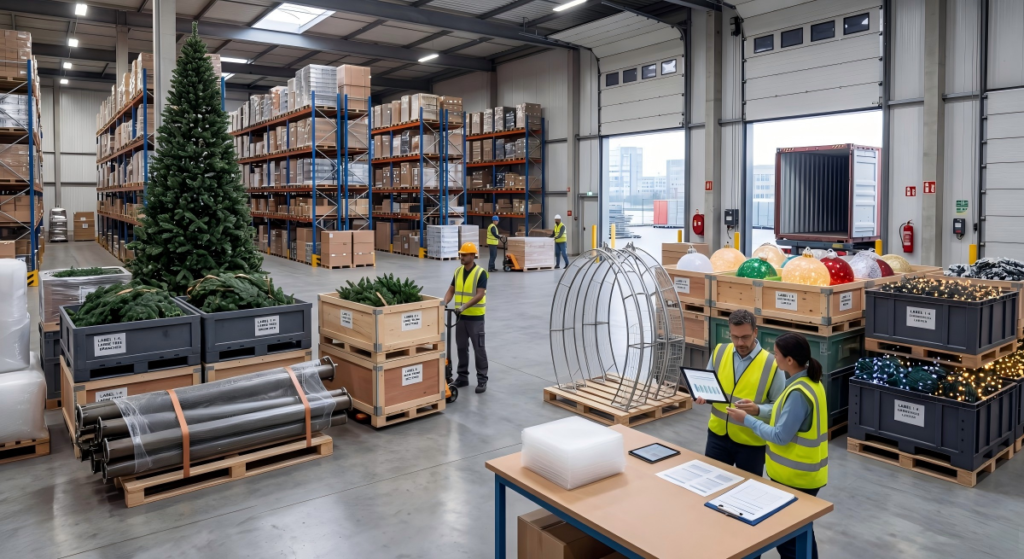 مكونات زينة العطلات التجارية المعيارية المعبأة للشحن والتخزين خارج الموسم في مستودع منظم