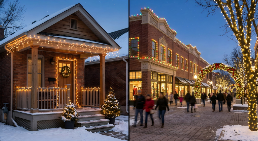 Residential Christmas lights on a home porch compared with commercial Christmas lights in a public outdoor holiday display