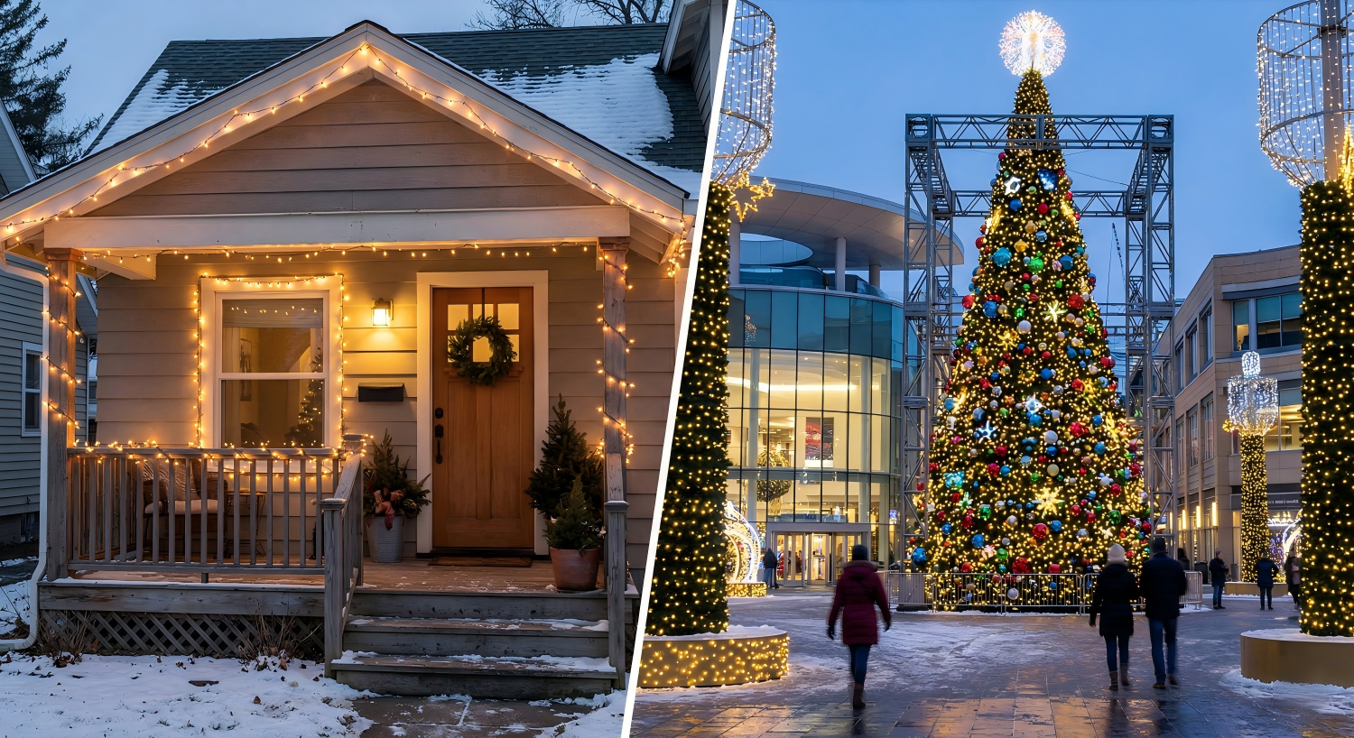 Imagen de portada en la que se comparan las luces navideñas residenciales en el porche de una casa con las luces navideñas comerciales en un gran árbol de Navidad al aire libre en una plaza pública.