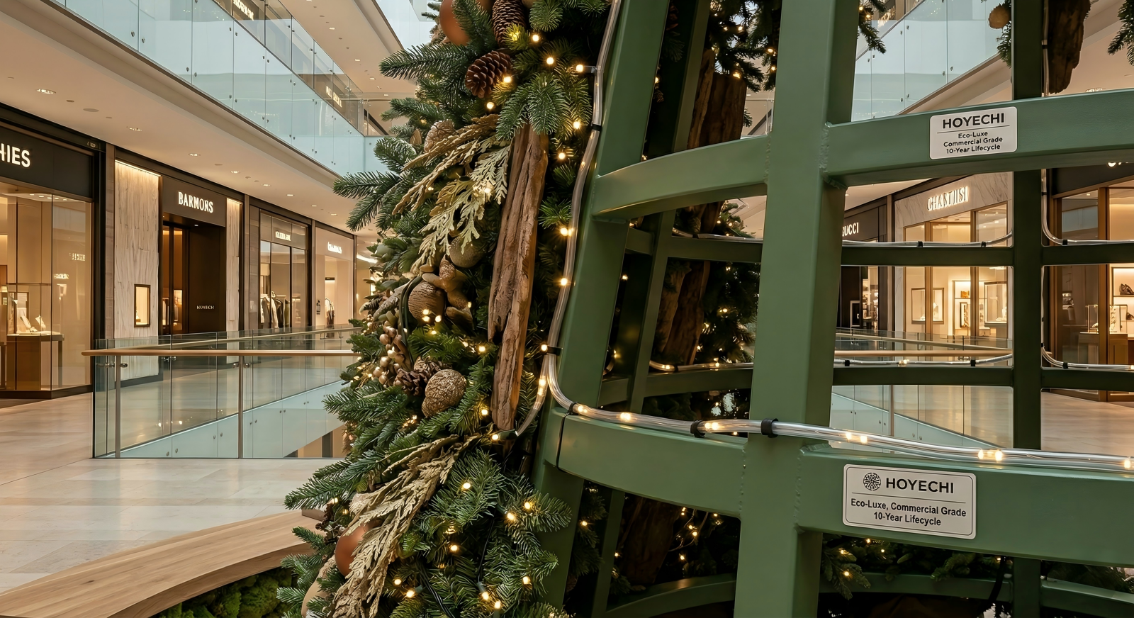 Gros plan technique sur la structure en acier galvanisé HOYECHI et les guirlandes lumineuses LED IP67 de qualité commerciale pour la sécurité et la durabilité.