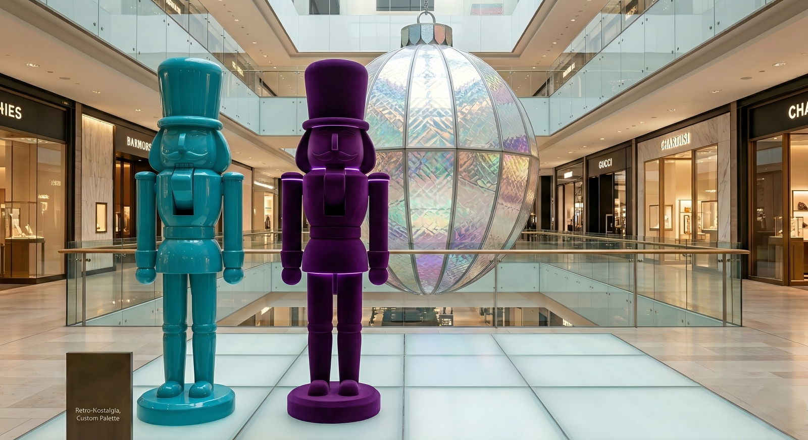 HOYECHI custom 3-meter Nutcracker figures in Teal and Amethyst finishes with modern edge-lighting.