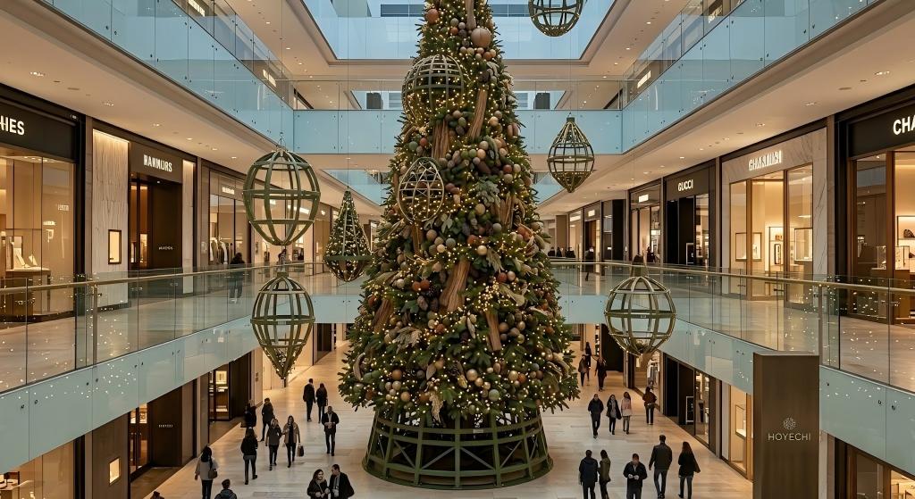High-angle view of a 32-meter giant Christmas tree and hanging light ornaments by HOYECHI in a luxury mall.