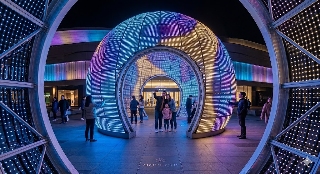 Large HOYECHI walk-through spherical light sculpture made of heavy-duty aluminum frames and programmable RGB LEDs on a mall plaza.
