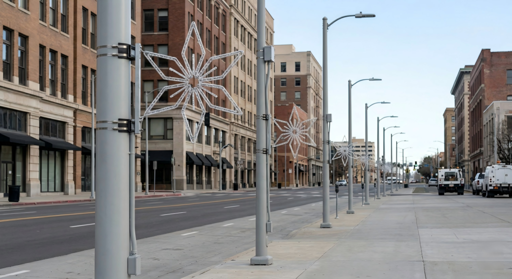 Des techniciens installent des lampadaires sur un poteau d'éclairage urbain à l'aide de supports sans perçage et de sangles de protection.