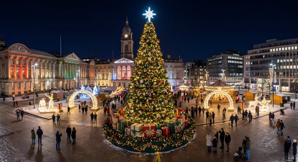 شجرة عيد الميلاد التجارية العملاقة ذات الحجم الكبير في ساحة المدينة مع زينة الأعياد العامة الكبيرة والإضاءة الاحتفالية المتميزة