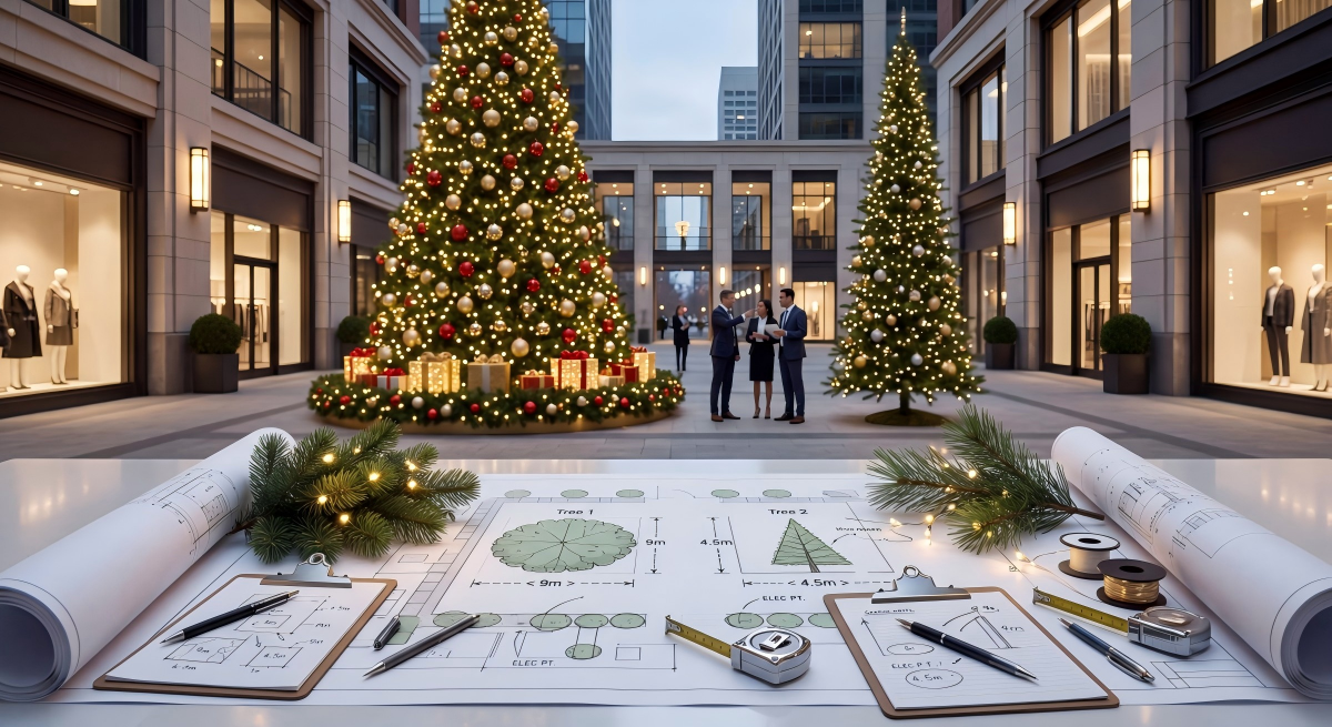 Escena de planificación de un proyecto comercial de árboles de Navidad con dos grandes árboles navideños de diferentes diámetros de base, muestras de ramas, muestras de iluminación y documentos de diseño en una plaza urbana de primera categoría.