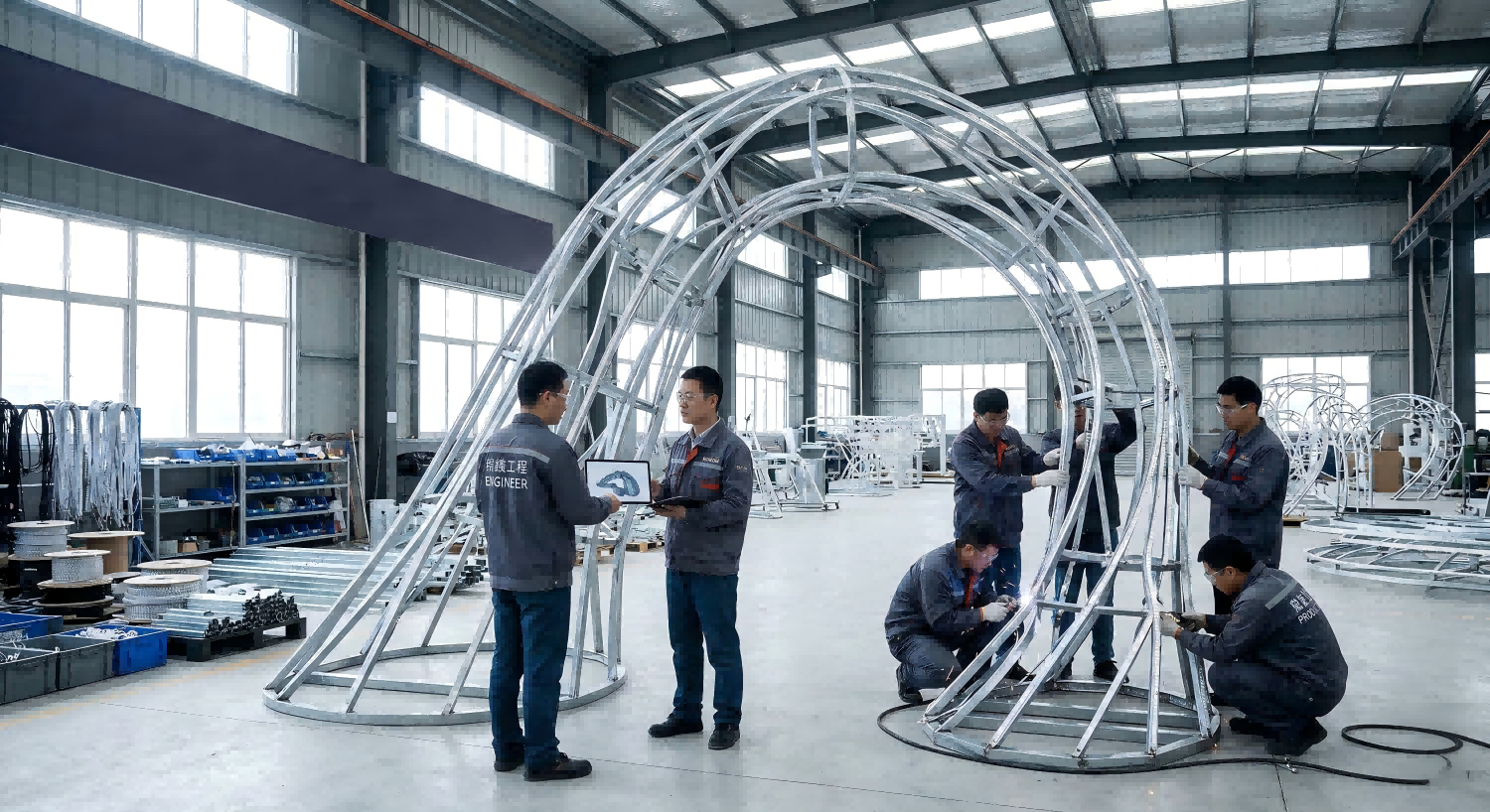 Engineers and workers inspecting a large-scale decorative lighting structure in a manufacturing workshop in Chinar Workshop