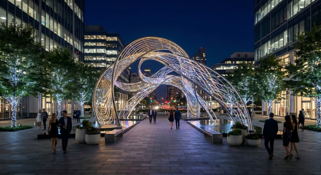 Large-scale outdoor decorative lighting installation in a commercial plaza public space