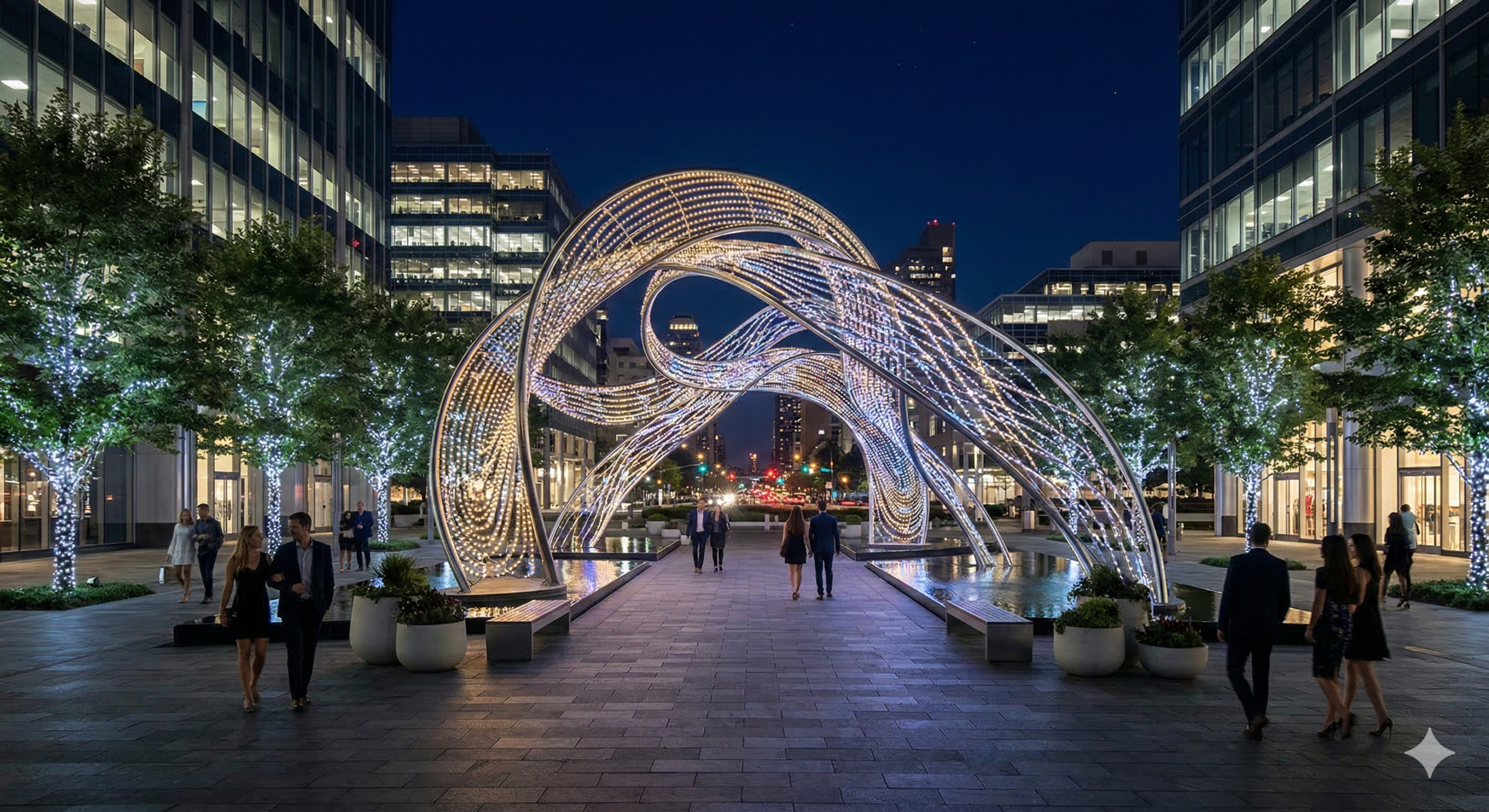 Instalação de iluminação decorativa exterior de grande escala num espaço público de uma praça comercial