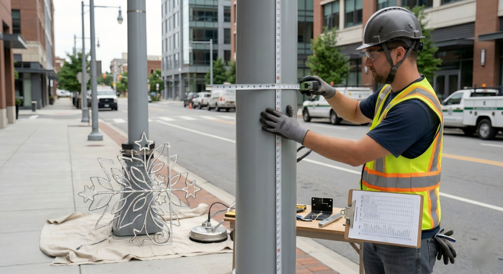 Worker measuring a city light pole before installing pole mounted motif lights for safe outdoor street decoration
