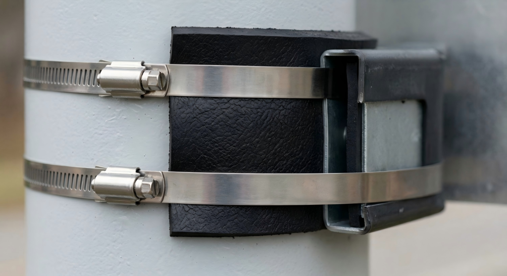 Close-up of no-drill bracket system with stainless steel straps and protective padding for pole mounted motif lights