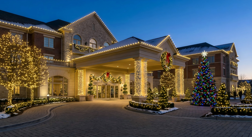 Outdoor commercial Christmas light installation at a hotel entrance with roofline lights, wrapped columns, and a decorated Christmas tree