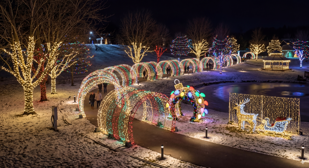 مسار أضواء عيد الميلاد في الحديقة الخارجية مع أقواس مضاءة وأشجار مزخرفة ومواقع لالتقاط الصور الاحتفالية لمشروع إضاءة واسع النطاق في الأعياد