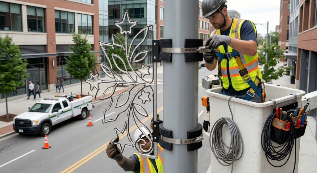 Pole mounted street motif lights installed neatly on urban light poles with clean cable routing and stable alignment